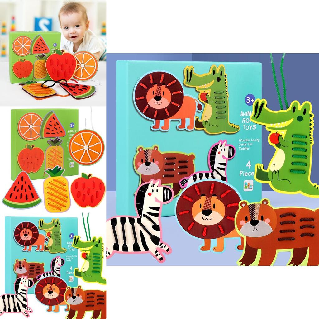 Wooden Animal And Fruit Lacing Board Educational Toy For Toddler Hand Eye Coordination Development