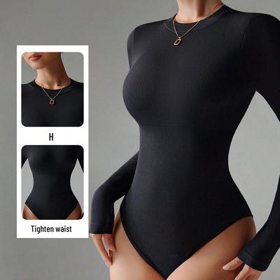 Body Sculpting Butt Lift Long Sleeve Knit Bodysuit with Half-High Collar