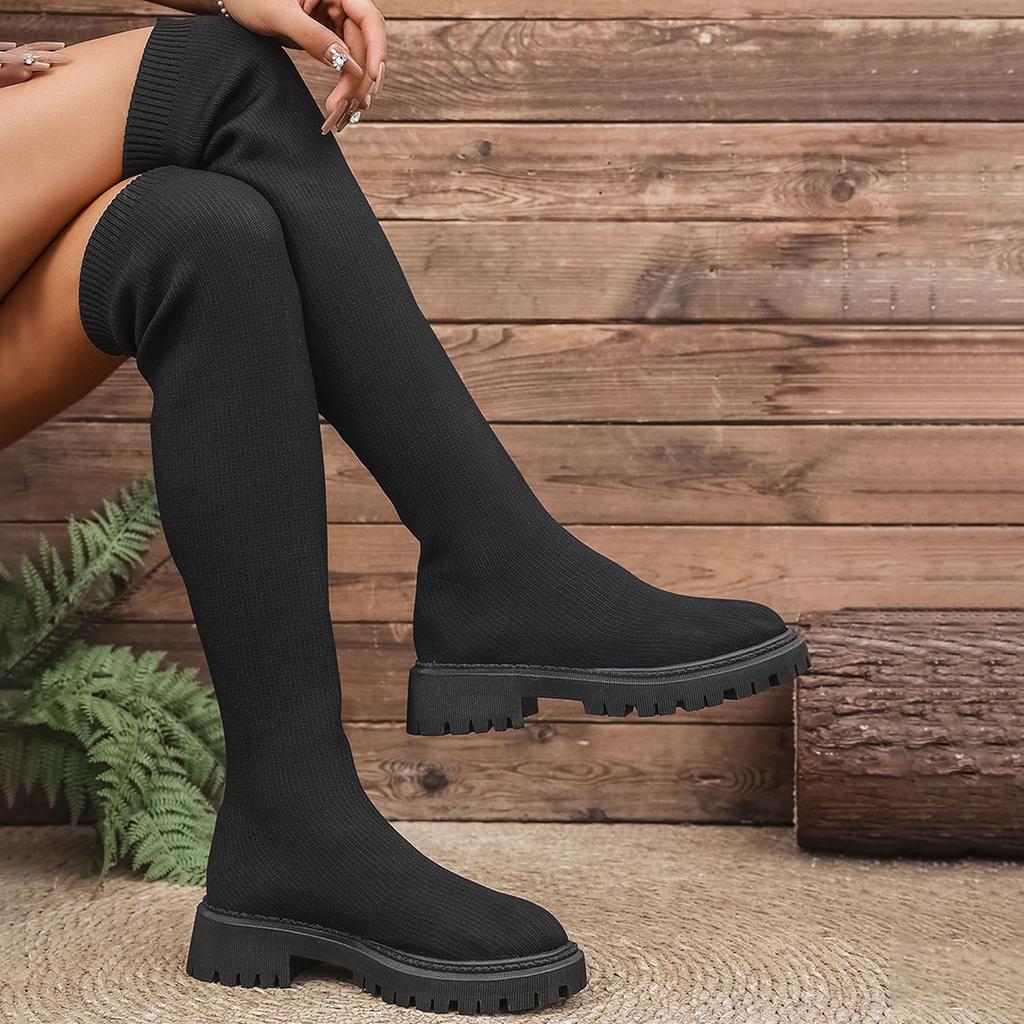 Fashion Stretchy Knit Over The Knee Long Boots for Women 2025 Autumn Fashion Thick Sole Non Slip Thigh High Boots Woman Plus Size 35-43