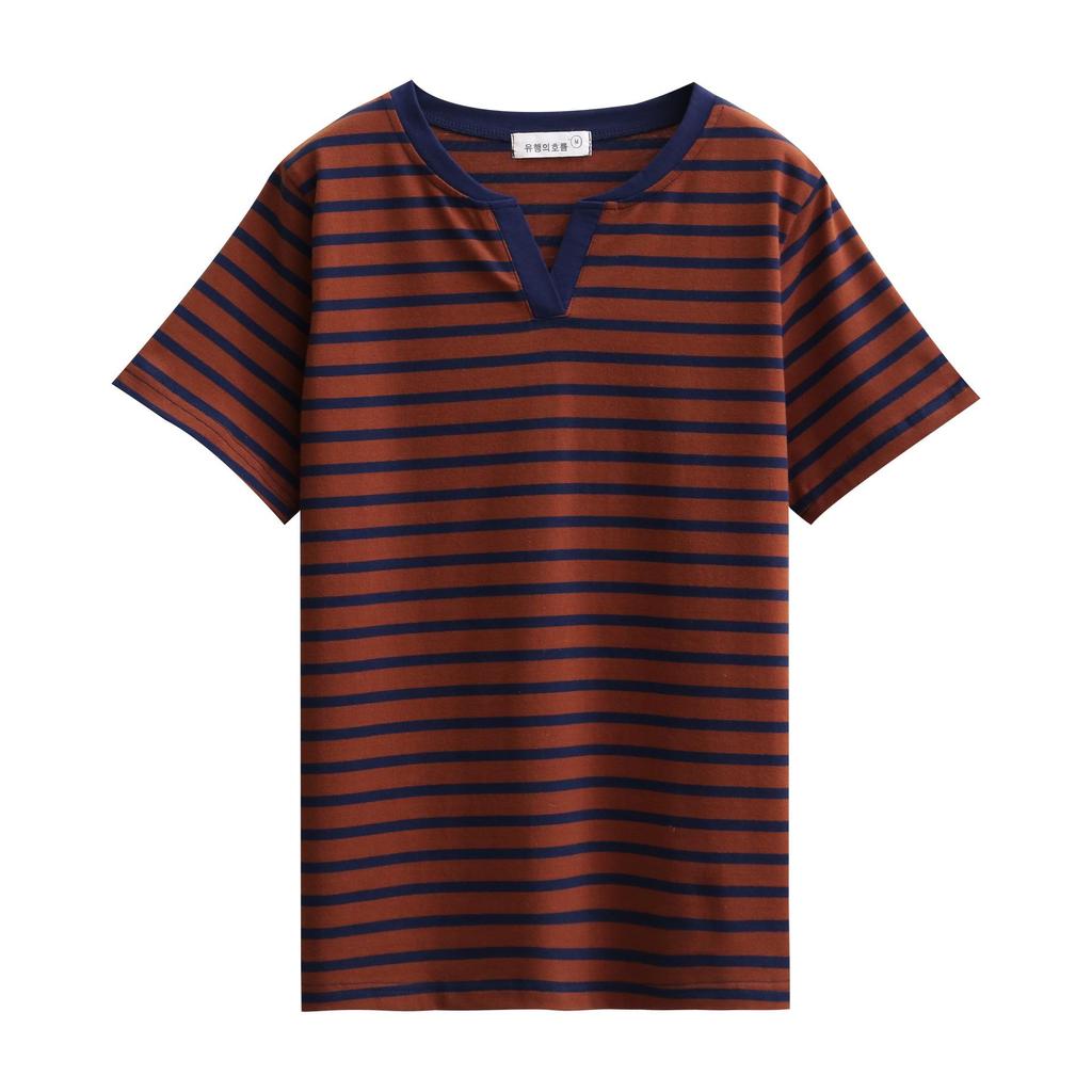 Women's Plus-Size Striped V-Neck Cotton T-Shirt, Short-Sleeve Loose Fit