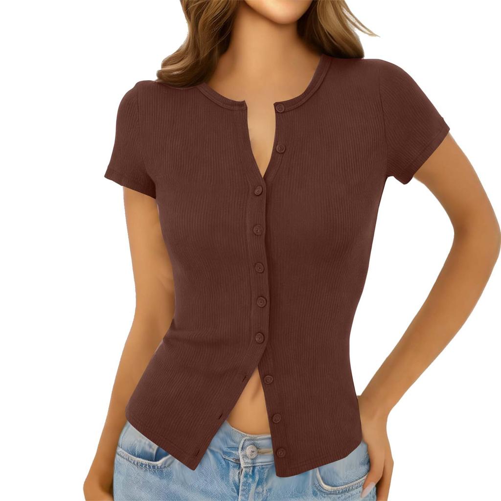 Top da Donna Estivo A Coste Slim Fit con Bottoni Manica Corta Girocollo T-shirt Basica Casual Leggera