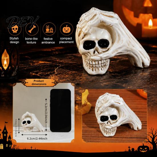 Resin Skull Decor Halloween Hand Sculpture, Gothic Skeleton Head Figurine, Spooky Stable Flat Base Figurine Decoration for Bedroom Living Room
