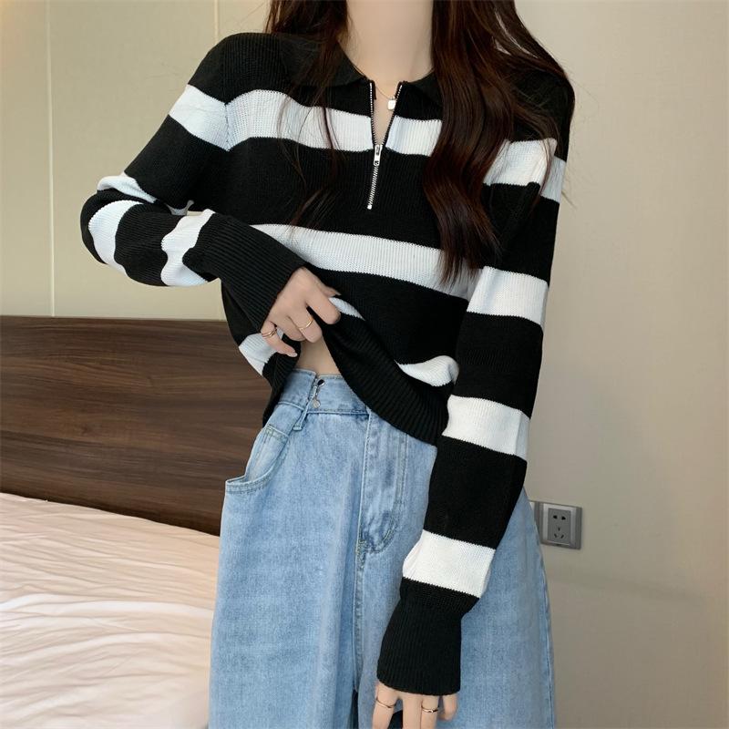 Zipper Knit Base Layer Inner Wear Striped Knit Shirt Women Autumn Winter Long Sleeve Top Winter