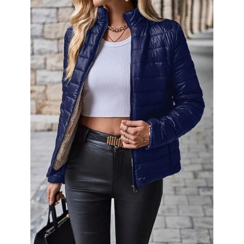 

Women Solid Color Slim Short Pockets Jacket Korean Style Warm Stand Collar Casual Jackets M темно-синього кольору