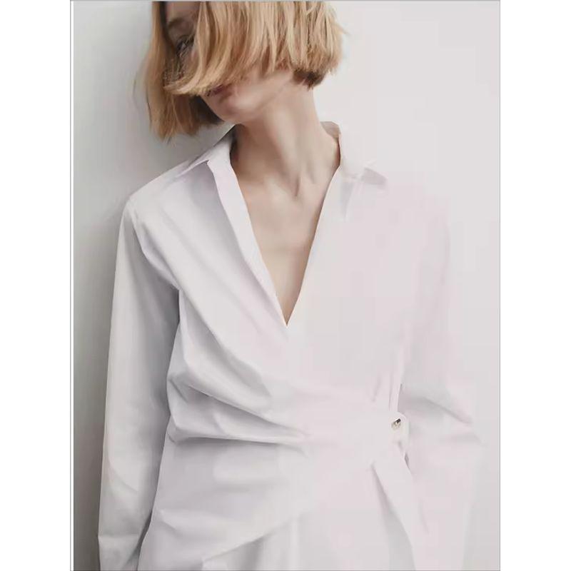 MD Spring New Arrival Women's Minimalist Style Stylish Cross Bow Tie Cotton Blend White V-neck Shirt 5150503