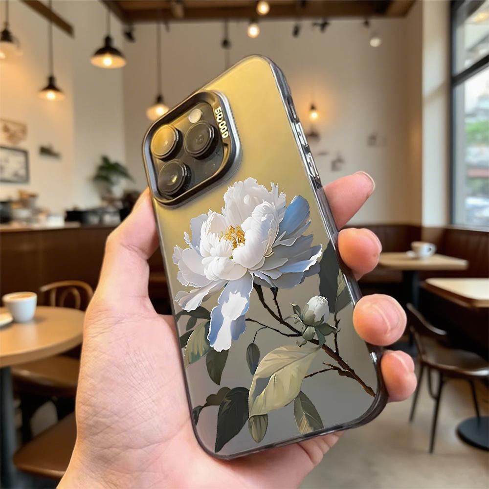 Artistic White Peony Flower Phone Case for Iphone 16 15 14 13 12 11 Pro Max Mini Shockproof Anti-Scratch Protective Hard Cover