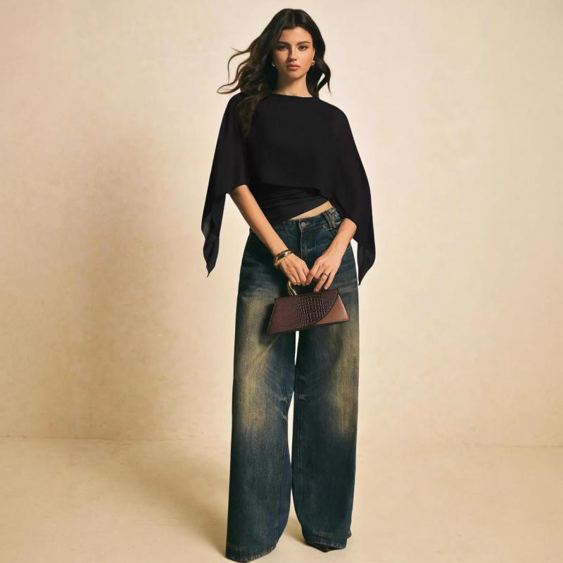 2026 Women's Cape Sleeve T-Shirt Slim Fit Round Neck Chiffon Blouse Elegant Asymmetrical Top