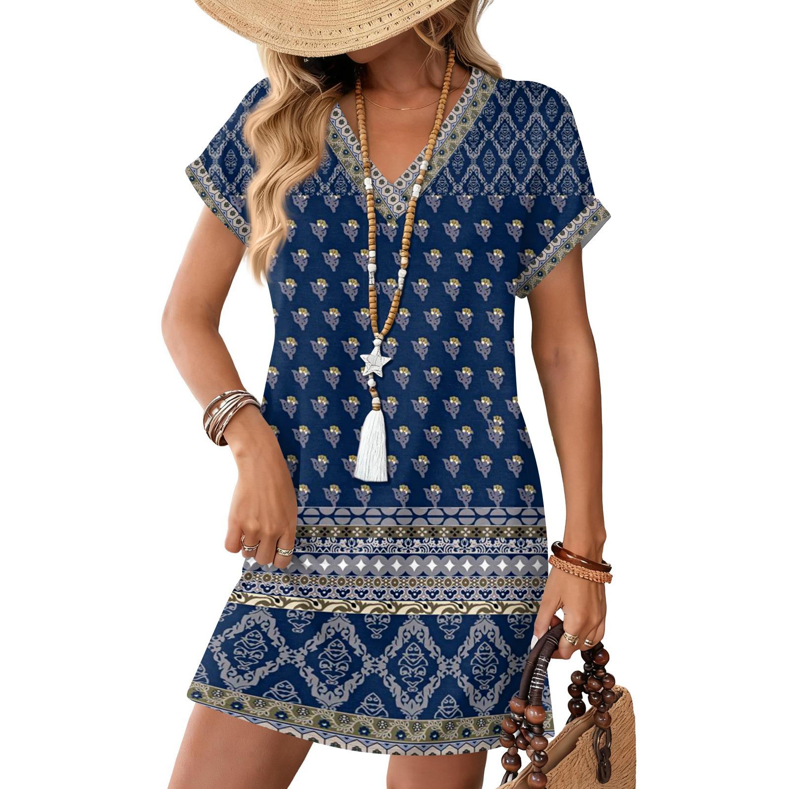 

Женское модное платье-пуловер с принтом, V-образным вырезом, короткими рукавами и карманом, повседневное XXXL