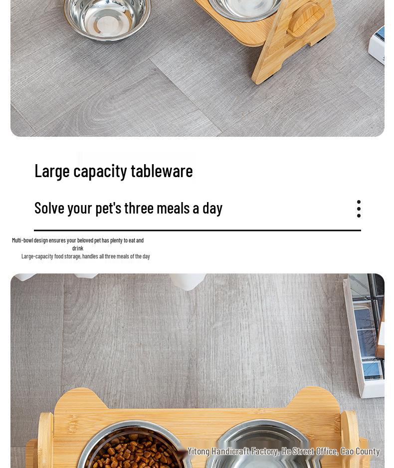 Adjustable Bamboo Cat & Dog Bowl Stand with Double Bowls and Pet Neck Protection