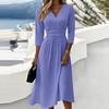Women V Neck Midi Dress with Three Quarter Sleeves Back Zipper Closure Solid Pattern Casual Fit for Daily Wear Office Events