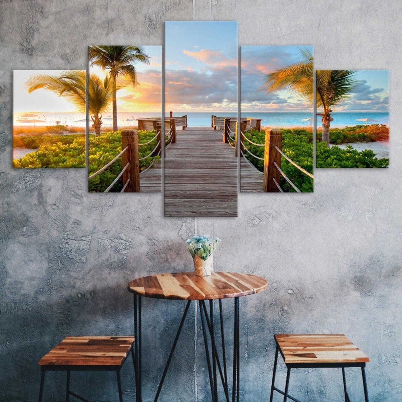 

Seascape Sunset Palm Trees 5 Piece Five Panel Wall Canvas Print Modern Art Poster Picture Home Decor Gift For Him For Her 20X35 20X45 20X55CM