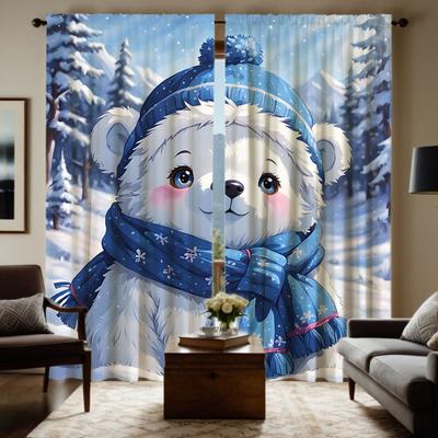 2pcs Set HD Cute Winter Bear Decorative Curtain Blue Tie Digital Printed Curtain Home Decoration Style Decoration Living Room