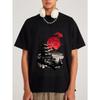 Black T-Shirt with Japanese Pagoda and Red Sun Print for Casual Wear