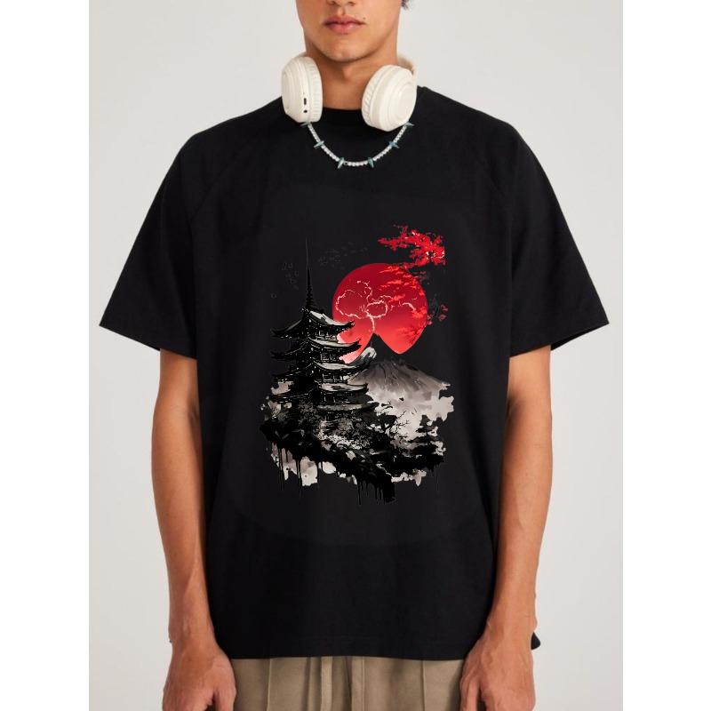 Black T-Shirt with Japanese Pagoda and Red Sun Print for Casual Wear