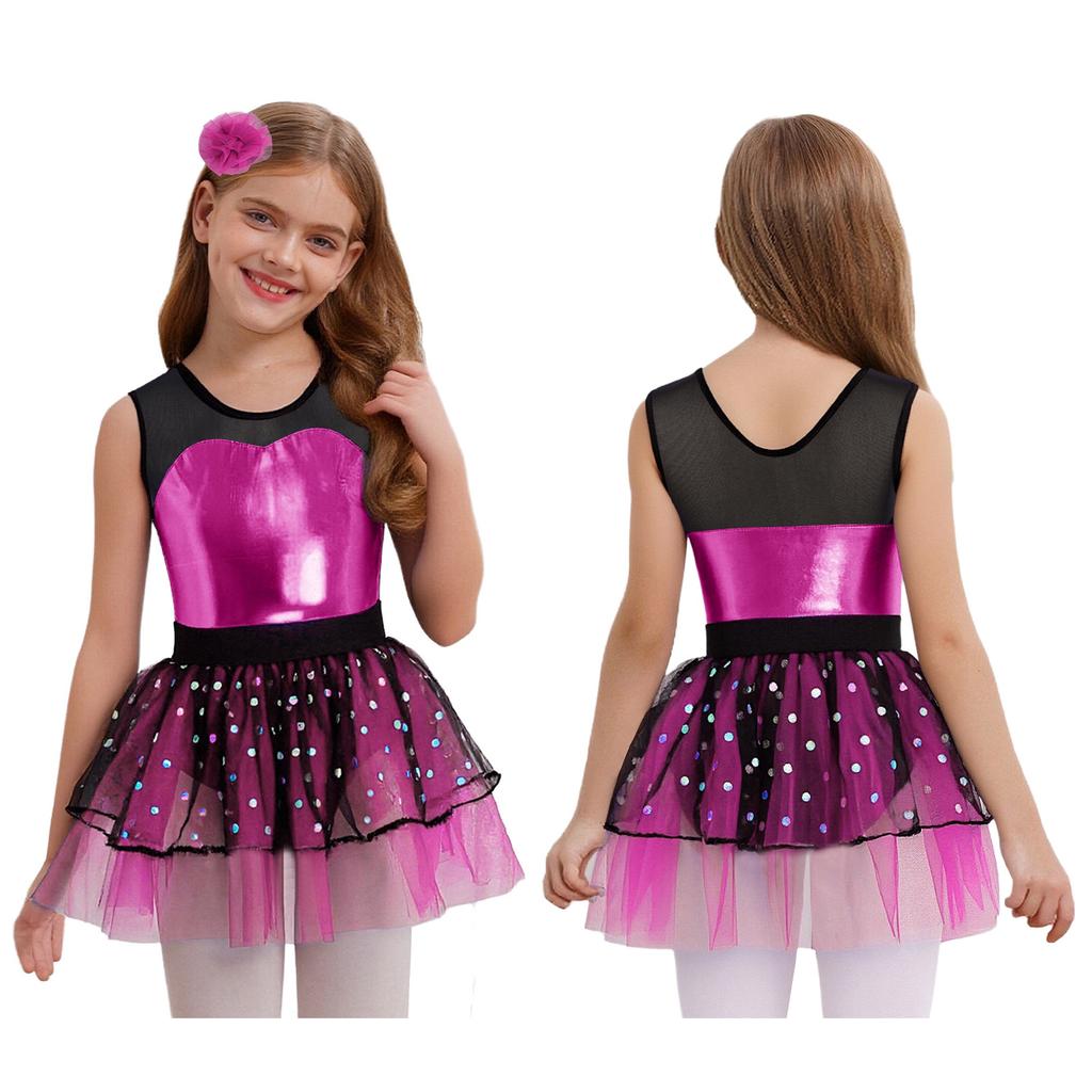 Sparkling Metallic Tutu Dress for Kids Girls: Sheer Mesh Patchwork Bodice with Tulle Skirt & Headpiece for Competition & Recital