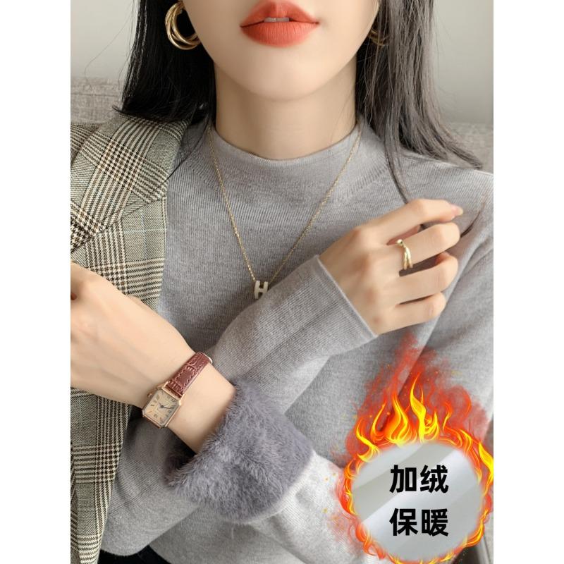 Temperament Soft Waxy Semi-turtleneck Sweater Bottoming Shirt Women's Autumn and Winter Velvet Thickened Solid Color Knitted Top with Inside