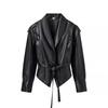 Womens Vintage Brown Leather Jacket Loose Fit Square Collar Zip Up Winter