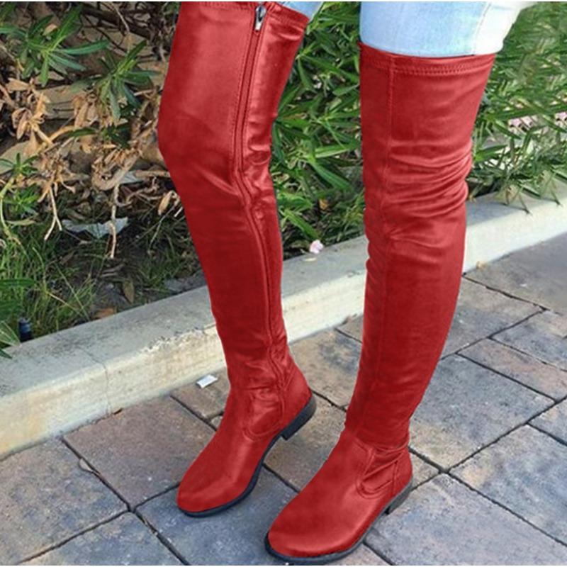 Fashion Chunky Heels Over Knee Boot Women Thigh High Flat Boots Ladies Solid Color Shiny Leather Large Boots Black Slim Shoes De Mujer