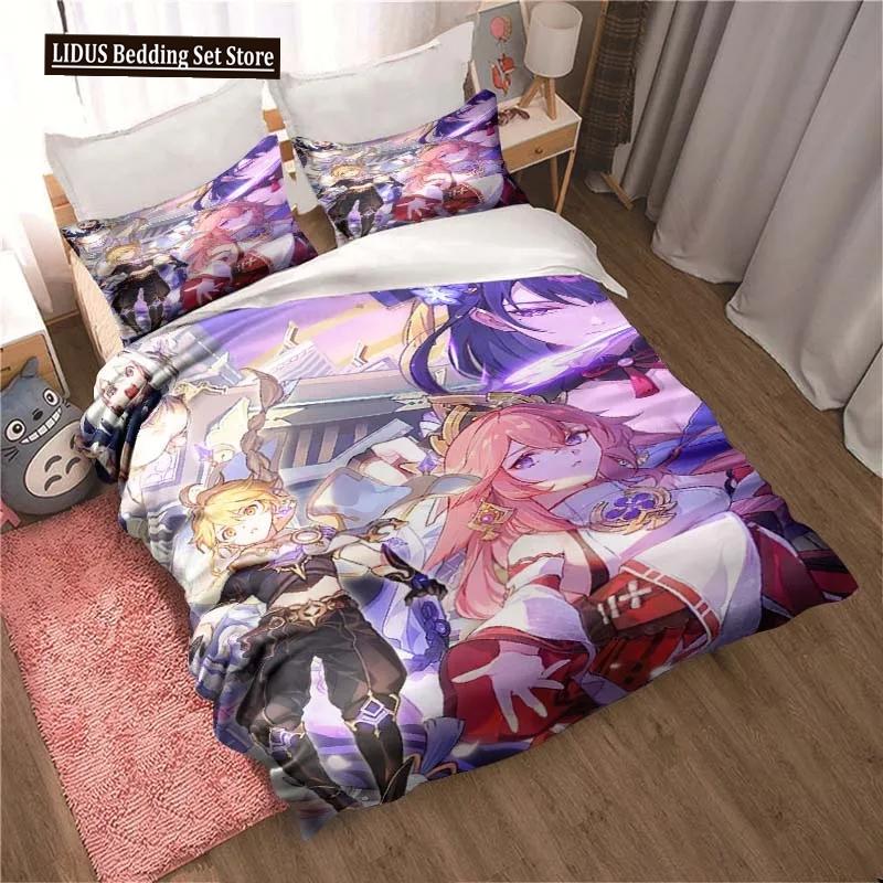 Genshin Impact Gioco Anime Copripiumino 3 Pezzi Copripiumino Letto Copripiumino Letto Matrimoniale King Biancheria per la Casa Ragazzi Adulti