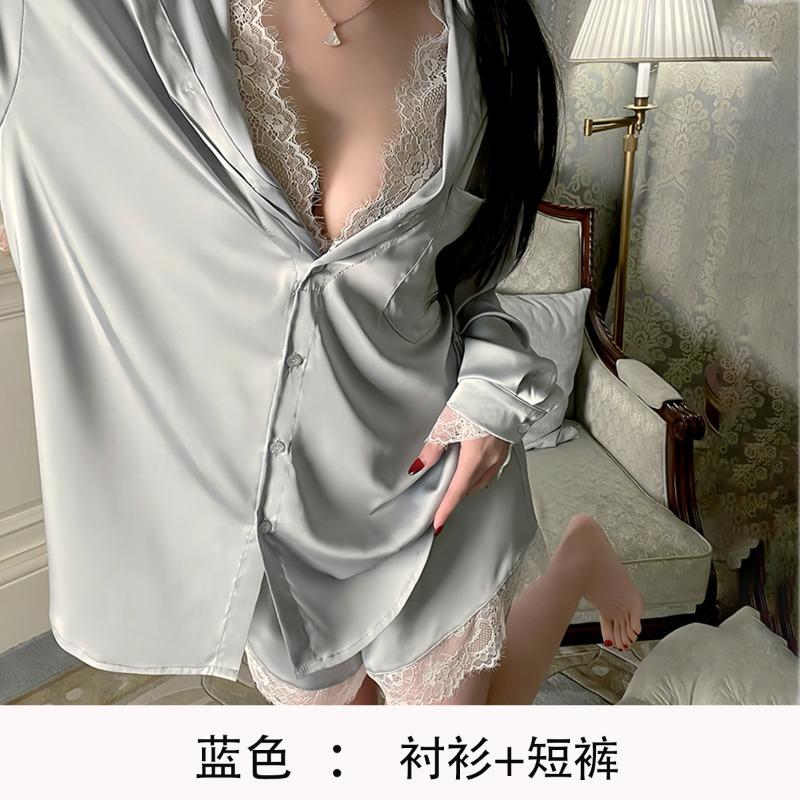Boyfriend style shirt sexy large size pajamas pure lust thin lace fake two pajamas loungewear