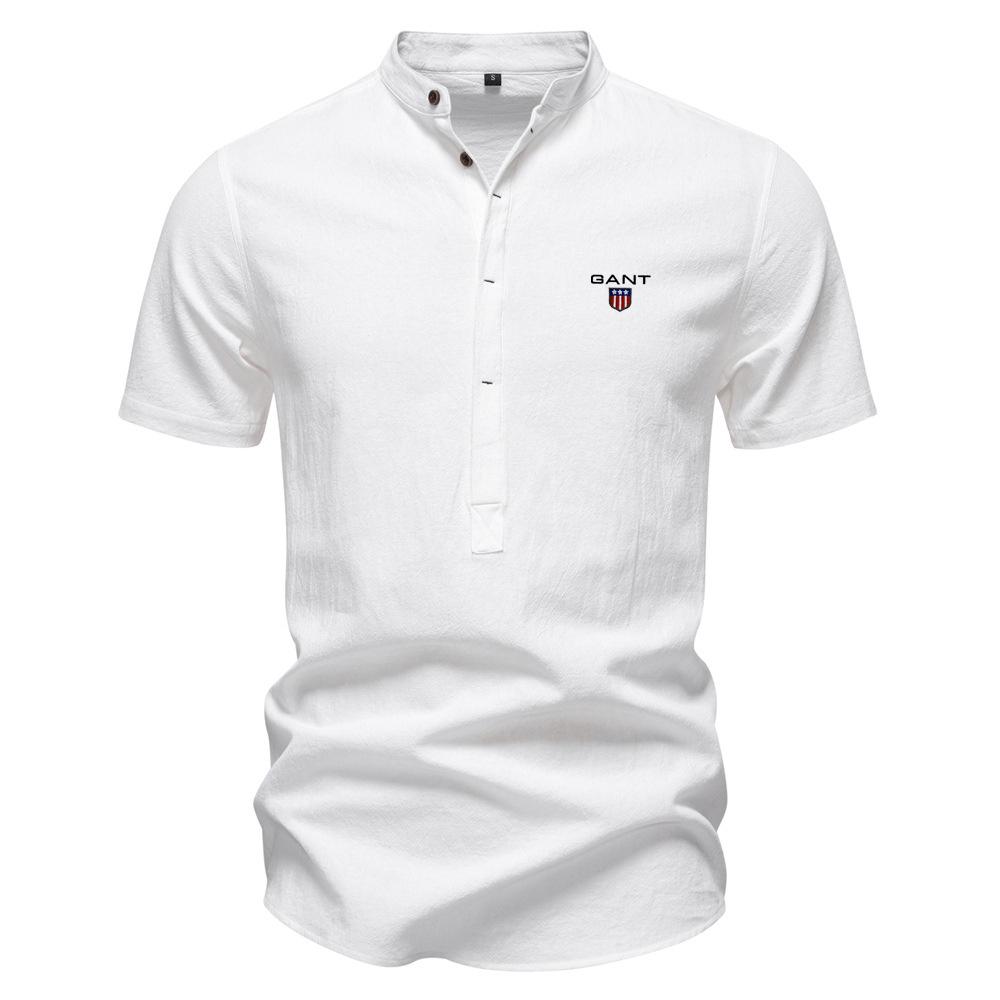 Gant 2025 Summer New Embroidered Business Casual Shirt Men's Short Sleeved Cotton Linen Shirt Stand Collar Cotton Shirt