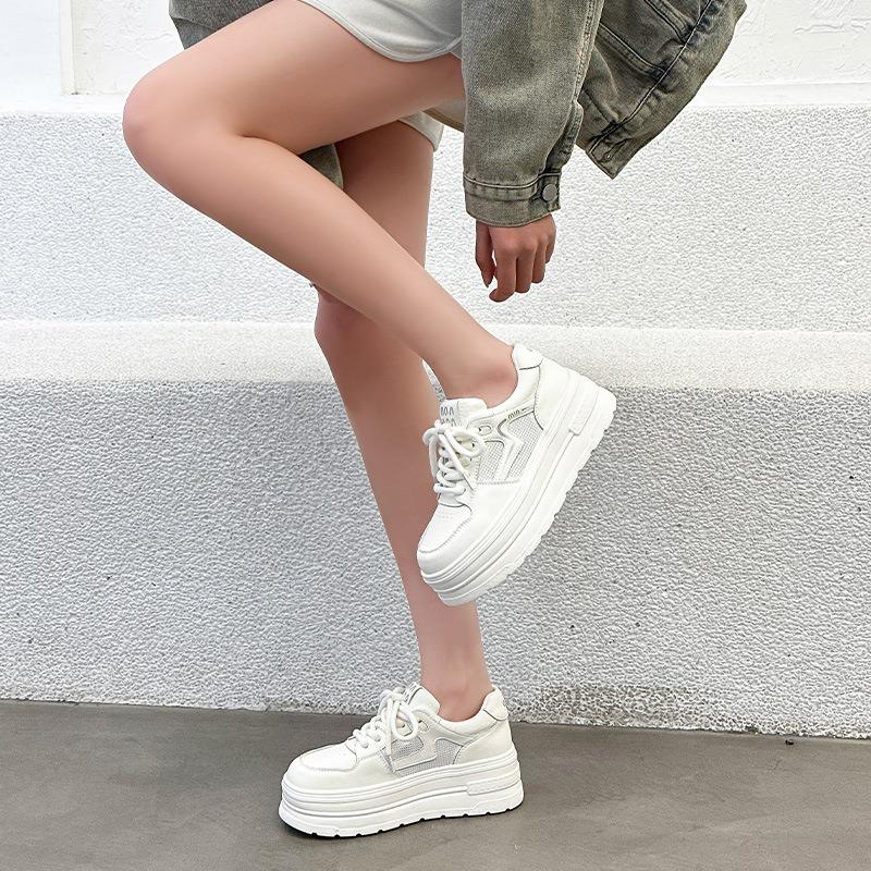 Muffin platform white shoes women's summer thin mesh breathable leather splicing comfortable and lightweight casual board shoes