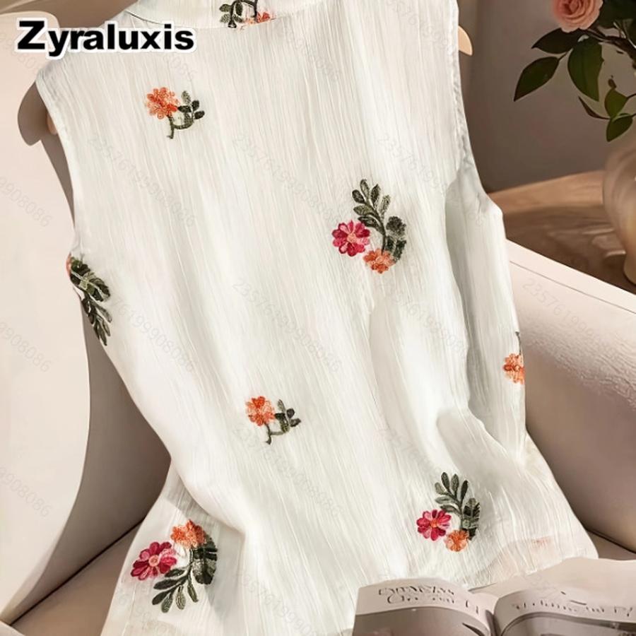 Women's Summer New French Elegant Casual Embroidery Fabric Stand Collar Sleeveless Shirt for Office Commute