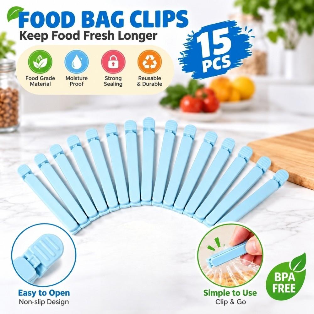 15 PCS Reusable Food Bag Sealing Clip Blue Snack Package Clip  Snack Preservation