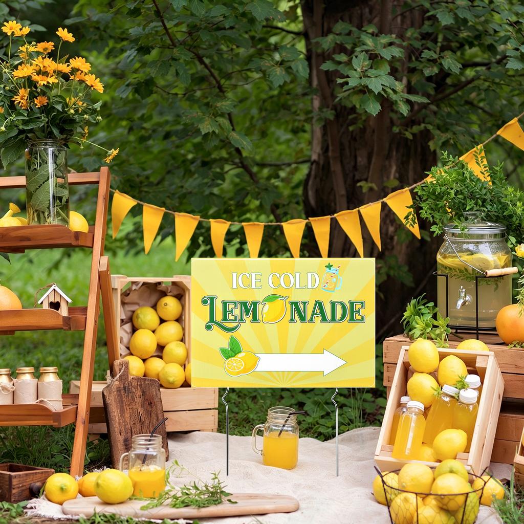 Confezione da 3 Cartelli per Chiosco di Limonata 17''X 12'' Cartello Estivo per Giardino con Picchetto in Plastica Ondulata Bicolore Segni Limon-Ada Lemo-
