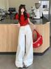 Plus Size High Waist Retro White Wide-Leg Jeans for Women - Summer 2025 Trendy Slimming Floor-Length Pants