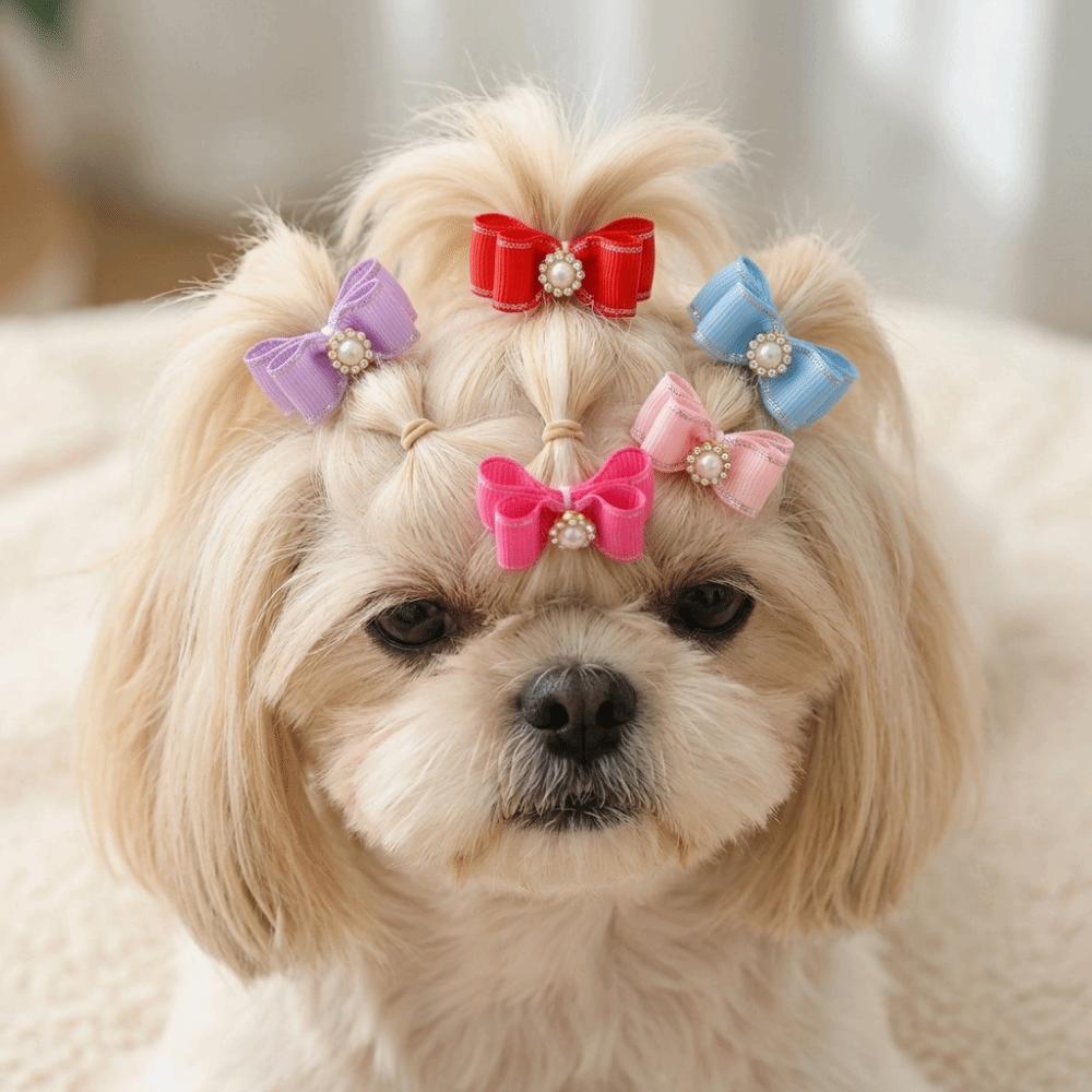 25Pcs Flat Shape Dog Bow Tie Elastic Band Pet Hair Band Reusable Pet Pearl Ornament Party Dress Up