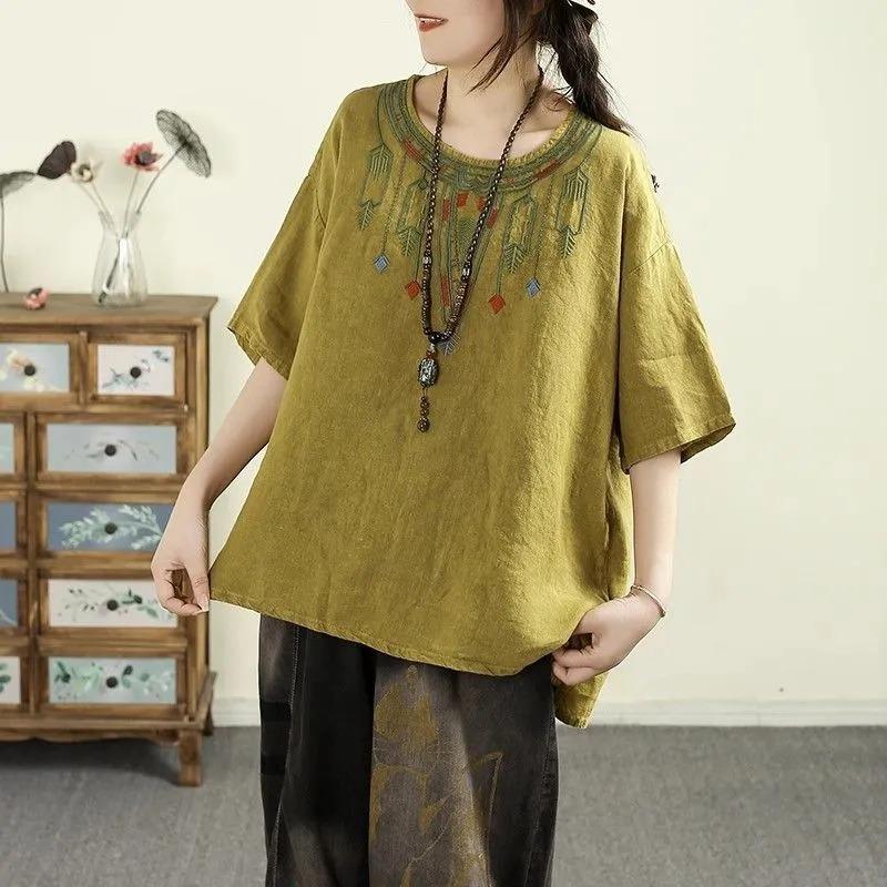Literary Retro Embroidered Cotton and Linen Summer New Loose Round Neck Casual Half-sleeved Top