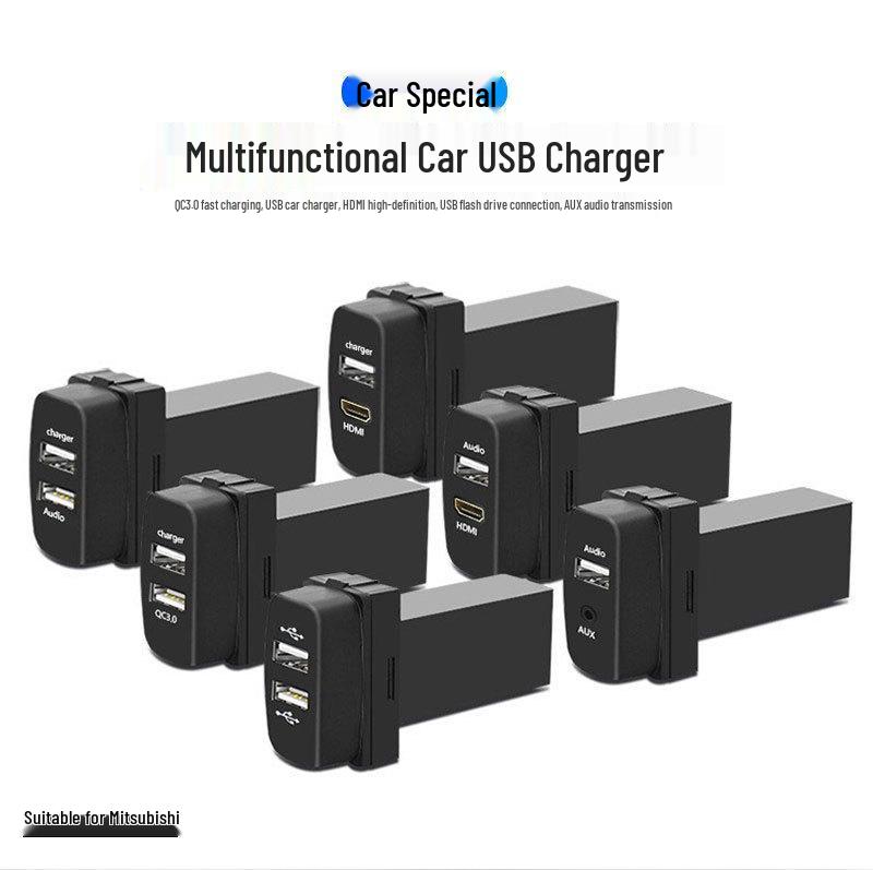 Mitsubishi Dual USB Car Charger with QC3.0 Fast Charge, AUX, HDMI, and USB Flash Drive Support