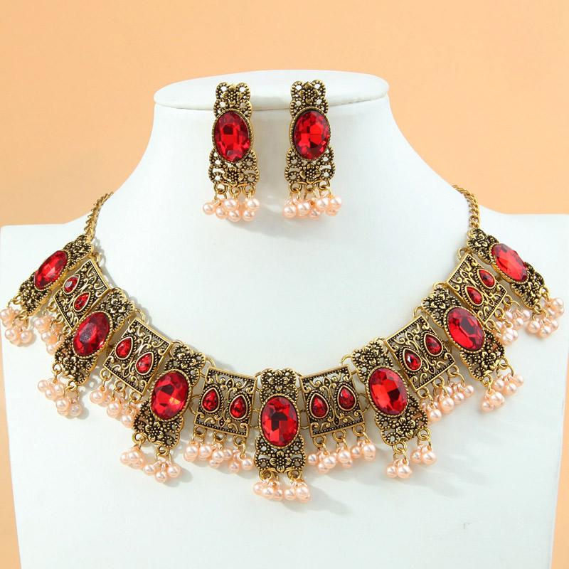 Vintage Crystal Choker Necklace Inlaid Rhinestone Ethnic Style Jewelry Set Women Accessories