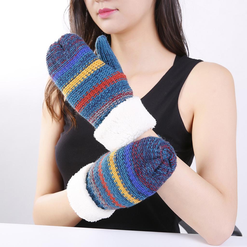 Mittens Striped Mixed Color Warm Gloves Autumn and Winter New Women's Knitted Wool Plus Velvet Thickened Warm Wrist Sleeves
