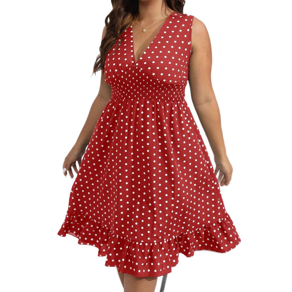 New European and American style large size polka dot dress V-neck sleeveless waist thin summer fashion dress