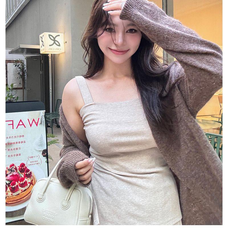 

Wild Spicy Slightly Oversized Girls Song Woven Tea Fragrance Knitting Cardigan Outwear Strap Base Wide-Leg Casual Pants Suit Female Light Khaki Sling L (53-60kg)