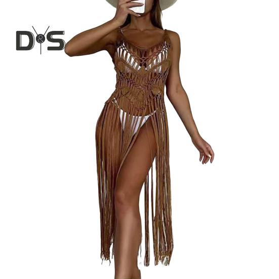 Beach Cover Up Women Sling Sleeveless Loose Fit Cutout Bikini Cover-up Dress Solid Color Sun Protection Beach Wear