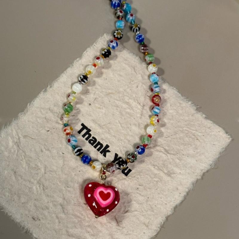 Red Love Coloured Glaze Bead Necklace Hawaii Beach Necklace Suitable for Ladies