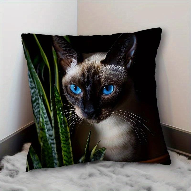 1pc Cat Print Pillowcase (44.96Cm X 44.96Cm) - Featuring a Vibrant Blue-Eyed Cat Design, Made of Soft And Smooth Polyester Short Plush Fabric, Single-