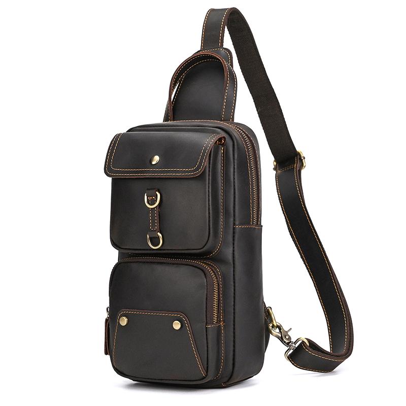 

Original Designer Leather Shoulder Bag Crazy Horse Leather Men s Chest Bag Crossbody Bag Simple Design Men s Sling Bag Vintage темно-коричневого