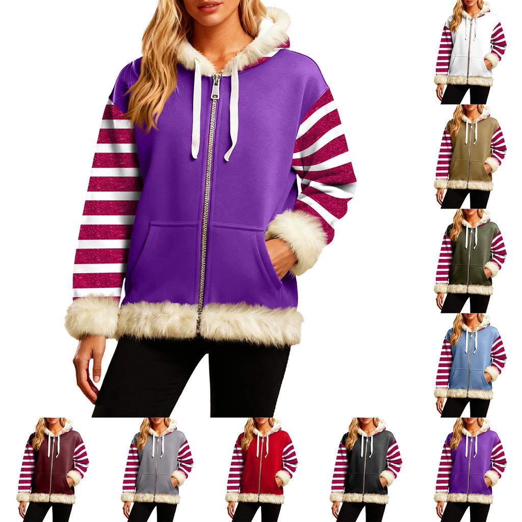 Women's Comfortable Loose Fashion Casual Striped Print Long Sleeve Pockets Hooded Sweatshirt Jacket