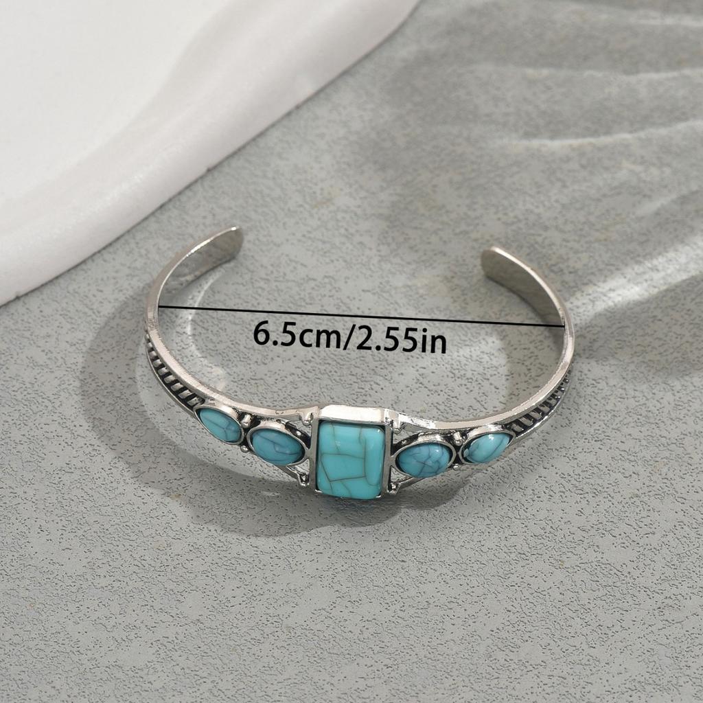 Retro style women's opening adjustable bracelet geometric inlaid turquoise pattern design bracelet jewelry women