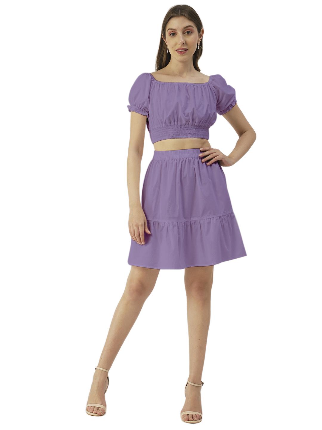 

Moomaya Printed Summer 2 Pcs Set For Women, Off-Shoulder Crop Top - Mini Skirt Coord XS Фіолетовий