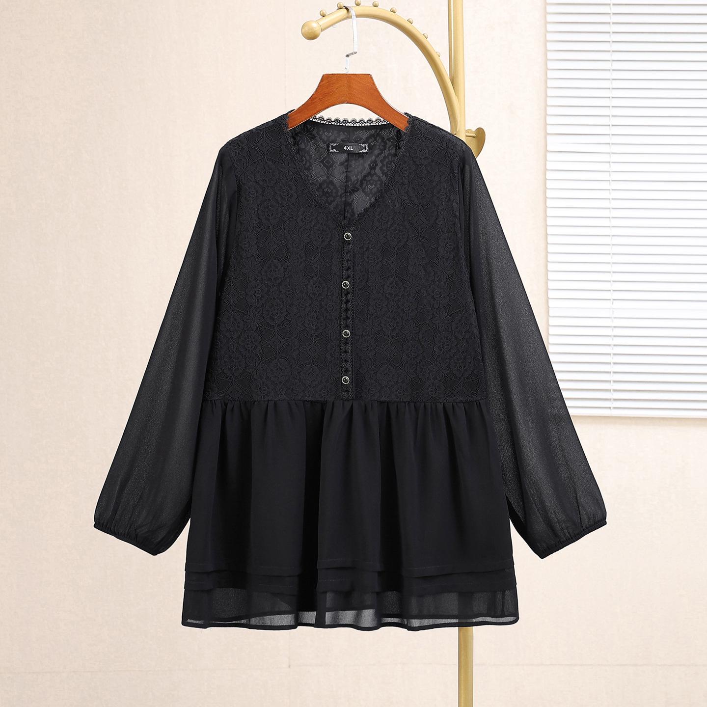 

Plus Size Women s Patchwork Chiffon Blouse - Autumn Slimming Top that Covers Belly - Fashionable Small Shirt 8XL (220-235 jin) чёрный