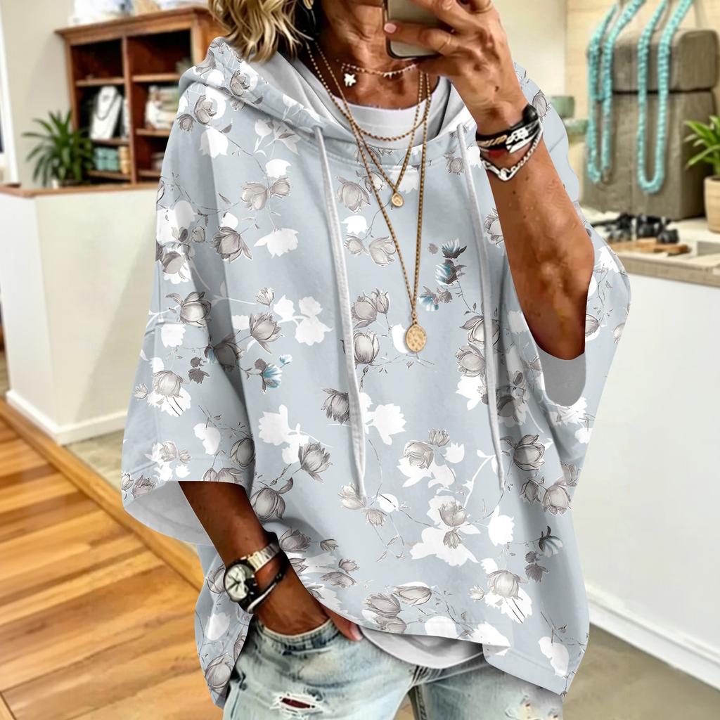 Women's Drawstring Hoodie Retro Floral Print Loose Fit Casual Sweatshirt
