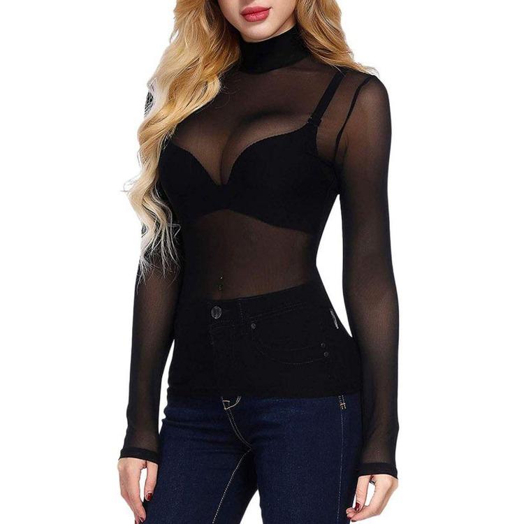 Sexy dámská letní síťovaná košile s dlouhým rukávem, elastický přiléhavý top s vysokým výstřihem, základní vrstva