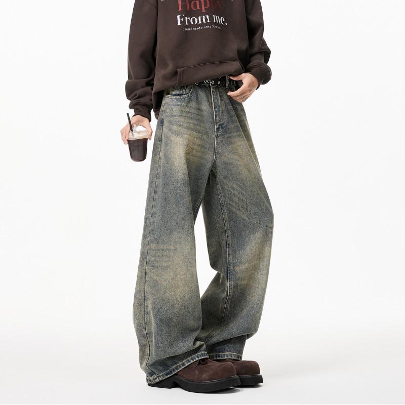 

Men s Retro Blue Fleece-Lined Washed Jeans - Loose Straight-Leg, Autumn & Winter Casual Floor-Length Pants M