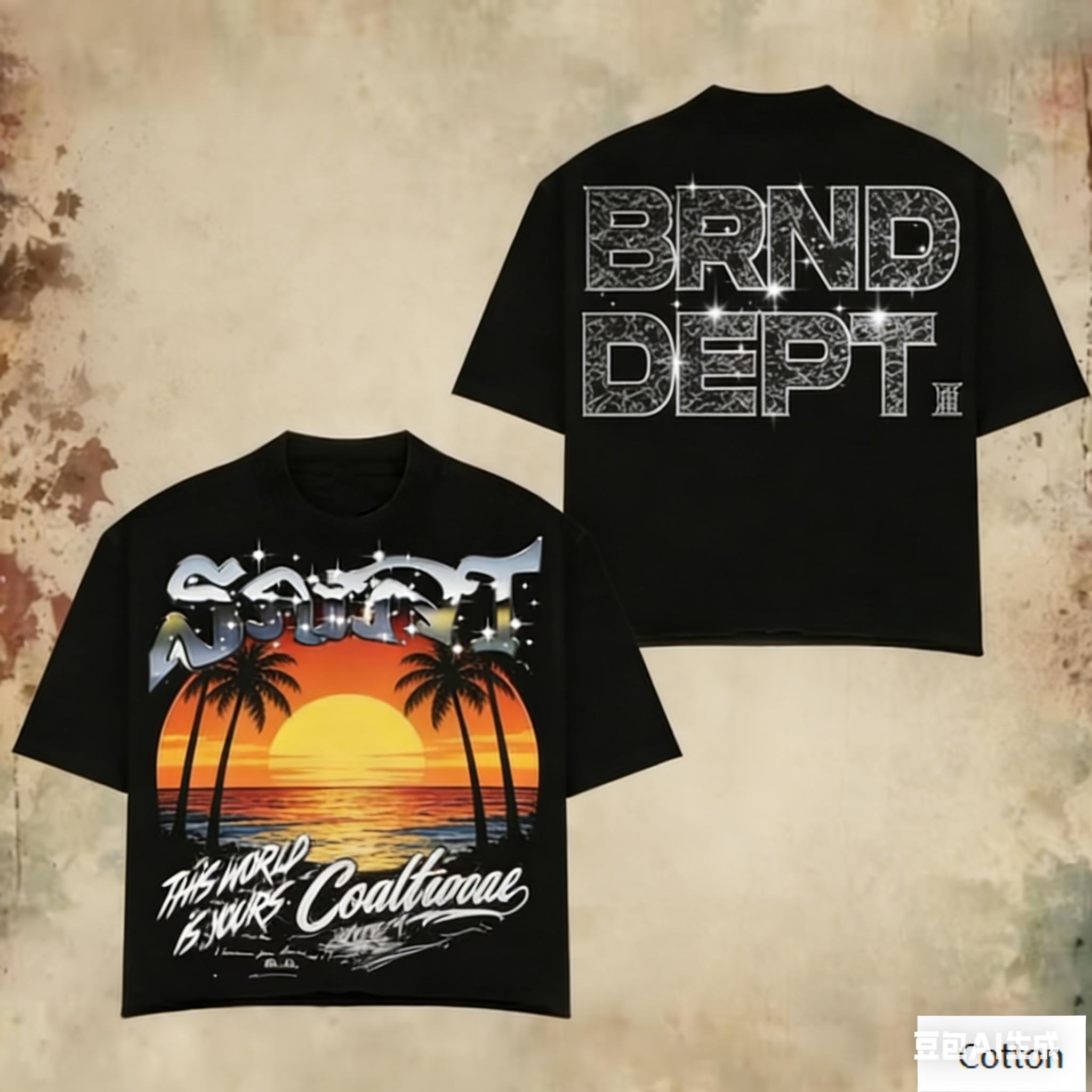 

Oversized Black Cotton TShirt with Bold California Sunset Graphic and Crackle BRND DEPT Print Unisex Streetwear Tee 4XL