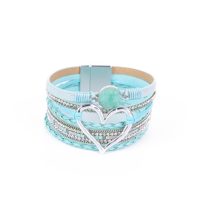 Boho Layered Leather Wrap Bracelet With Natural Stone Heart Charm Women